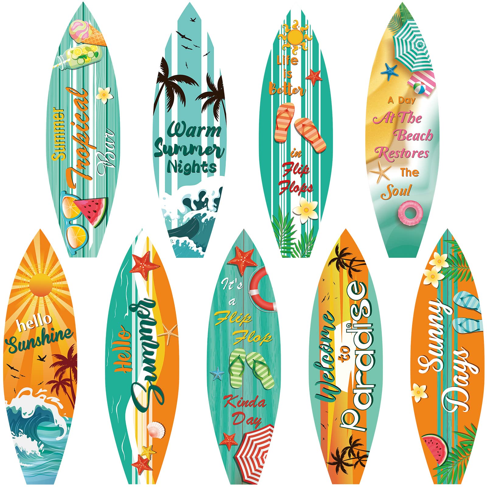 9 Pcs Surfboard Beach Signs Cutouts Paper Surfboard Wall